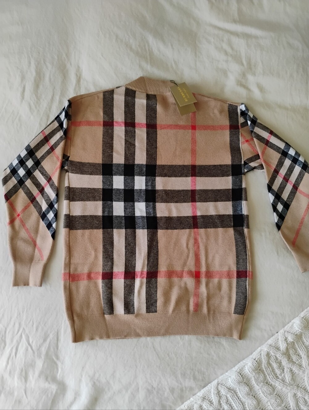 Beige Plaid V-Neck Button Cardigan with Red Accents - Picture 2 of 10